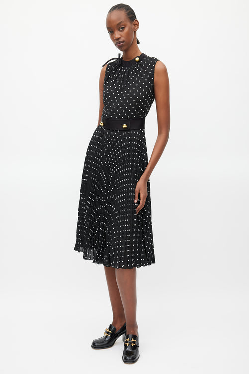 Prada Black & White Polka Dot Pleated Belted Dress