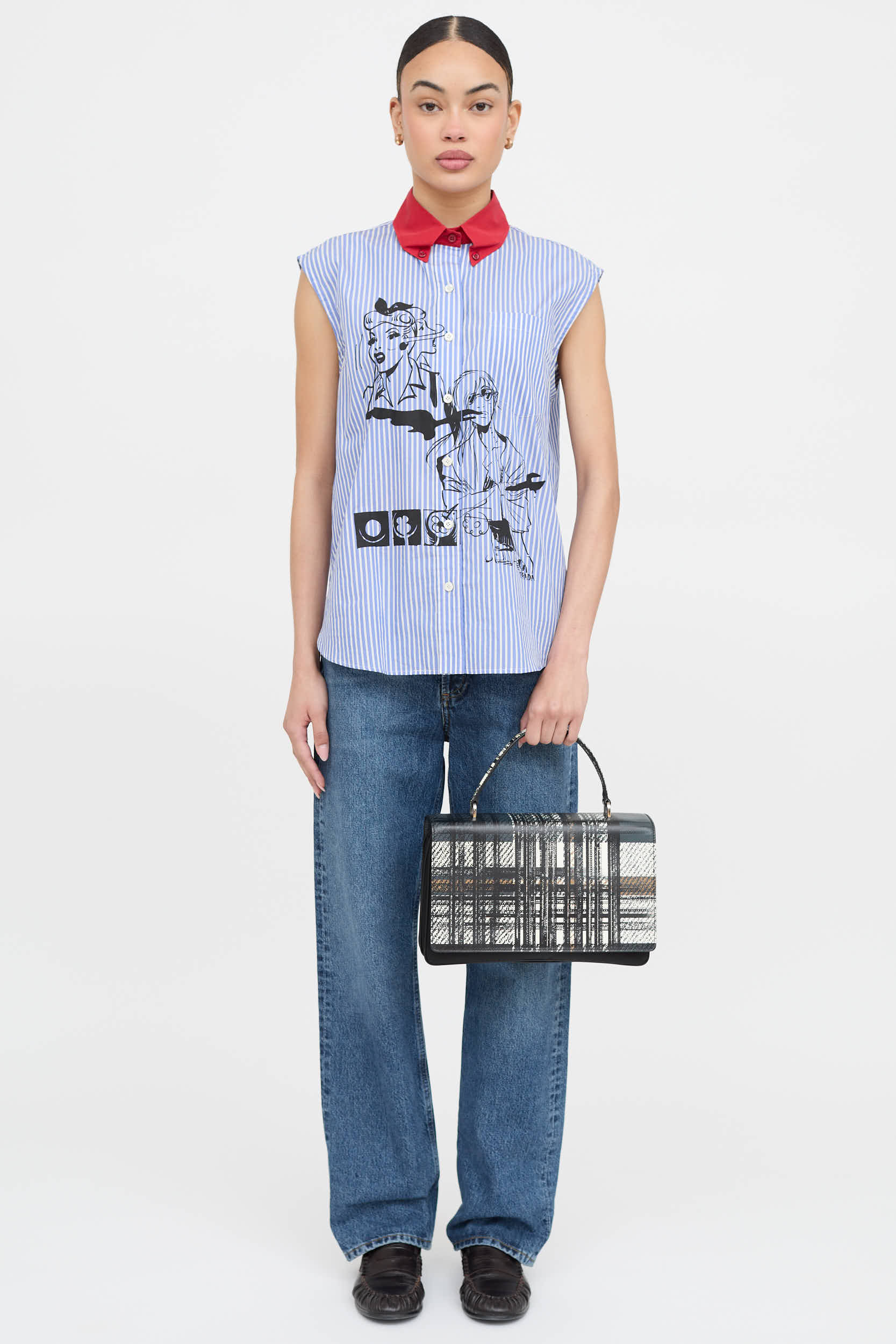 Prada Plaid Tessuto Saffiano Leather Top Handle Bag