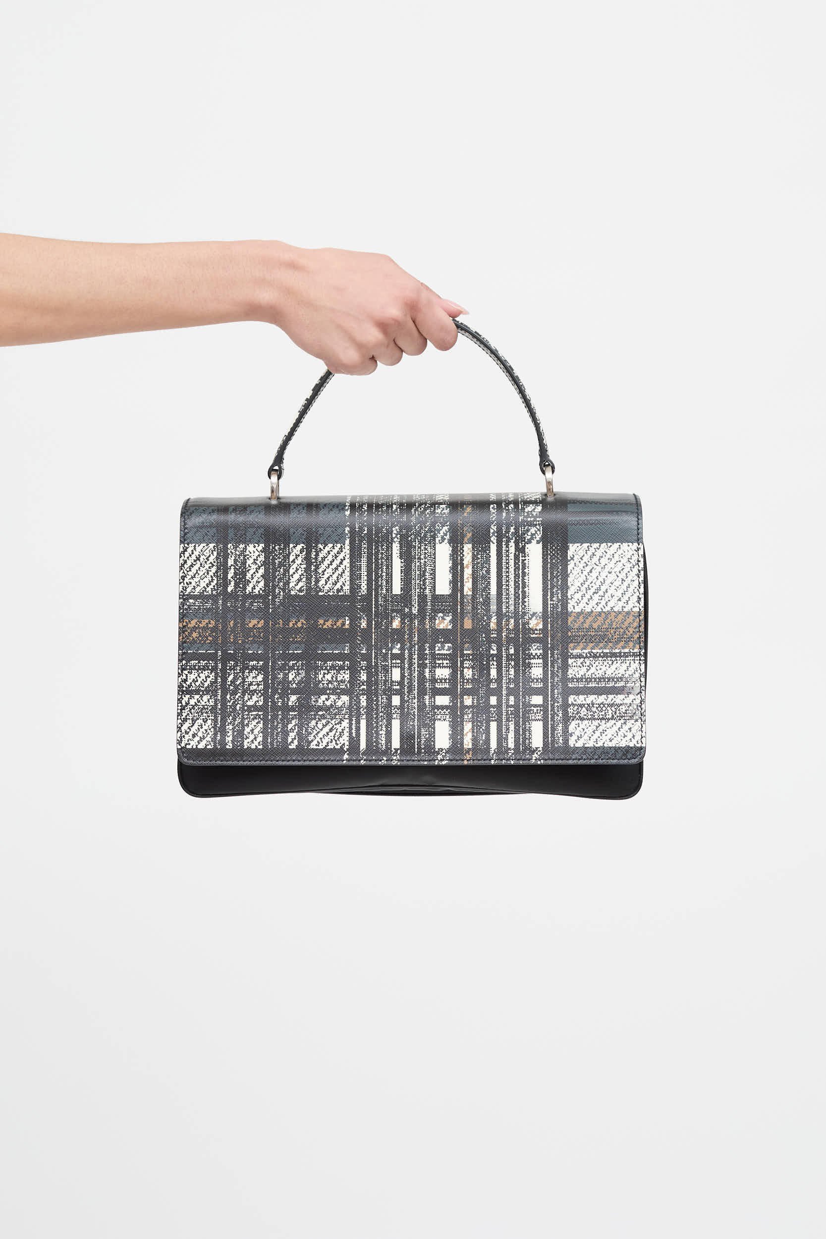 Prada Plaid Tessuto Saffiano Leather Top Handle Bag
