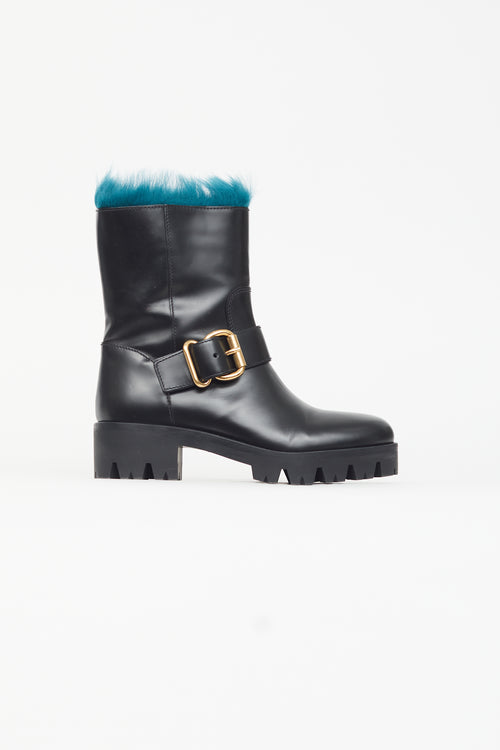 Prada Black Leather & Blue Fur Boot