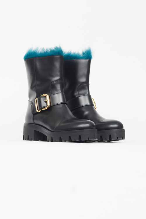 Prada Black Leather & Blue Fur Boot