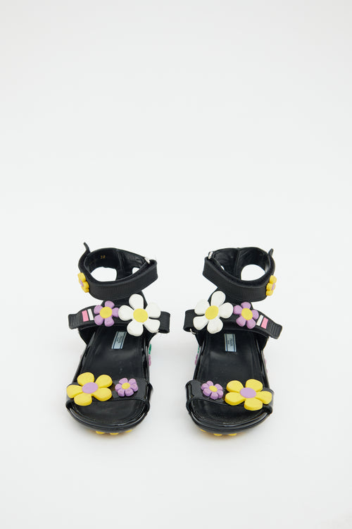 Prada Black Rubber Flower Flat  Sandal