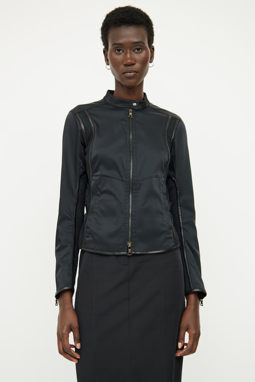 Prada Black Nylon Mesh Leather Trim Jacket