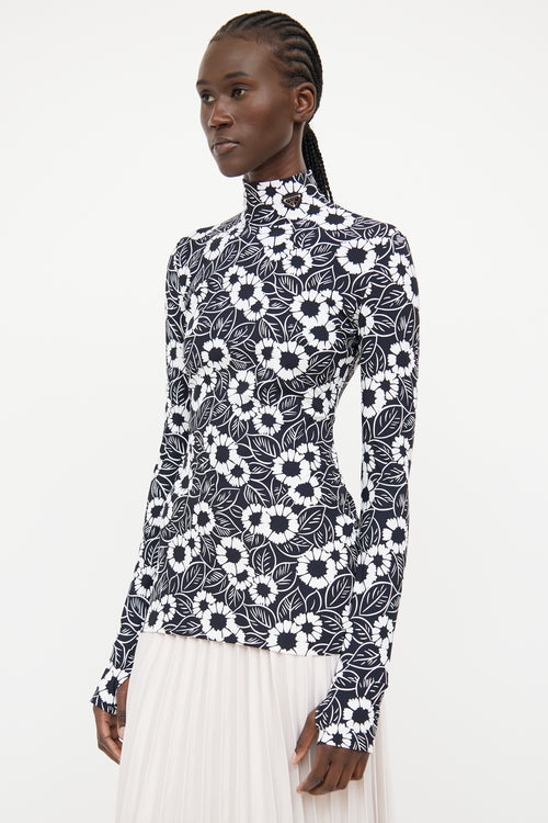 Prada 23 Black & White Floral Highneck Top