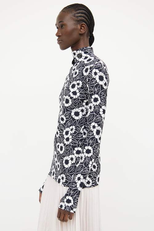 Prada 24 Black & White Floral Highneck Top