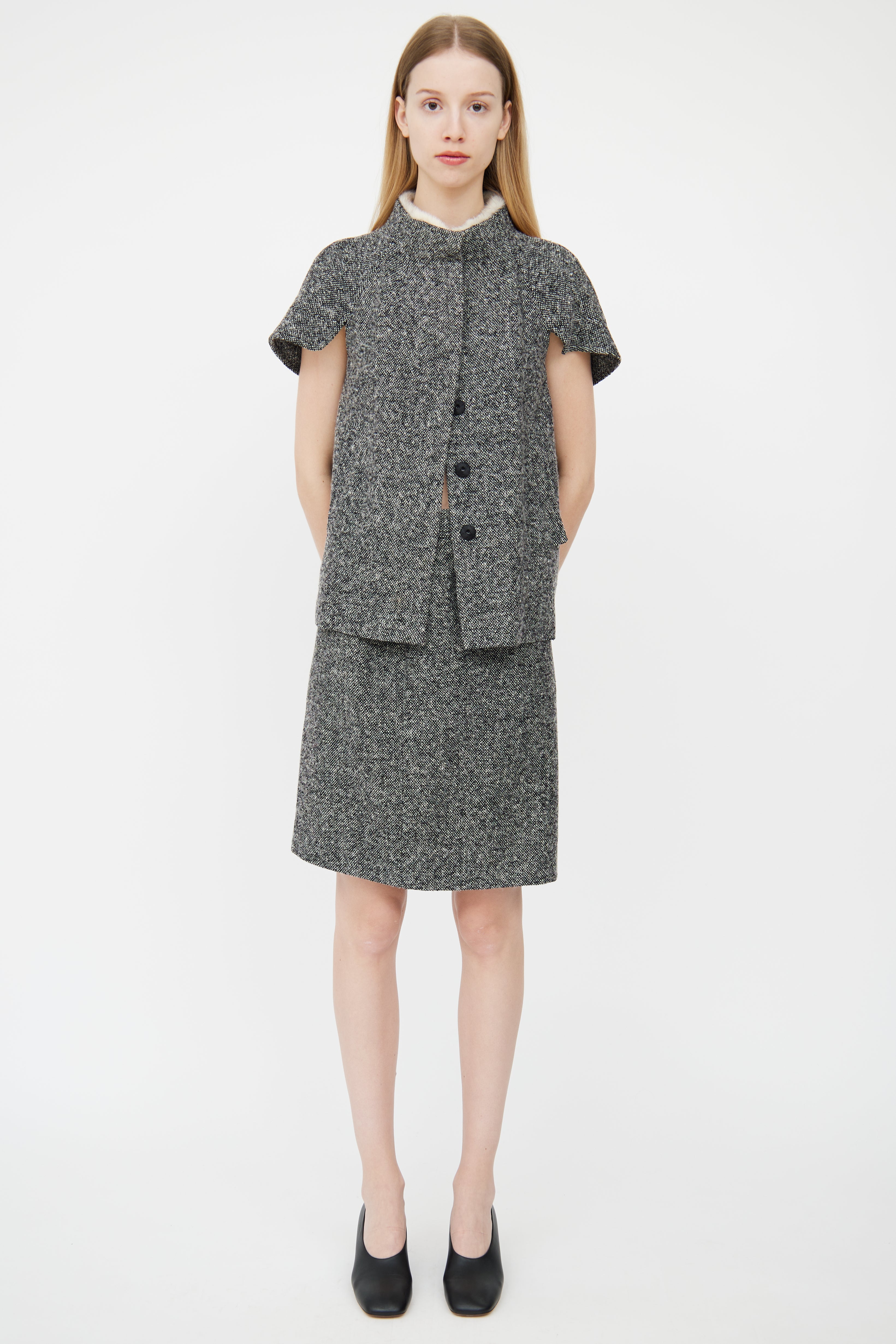 Prada Grey Melange Tweed Jacket & Skirt Set