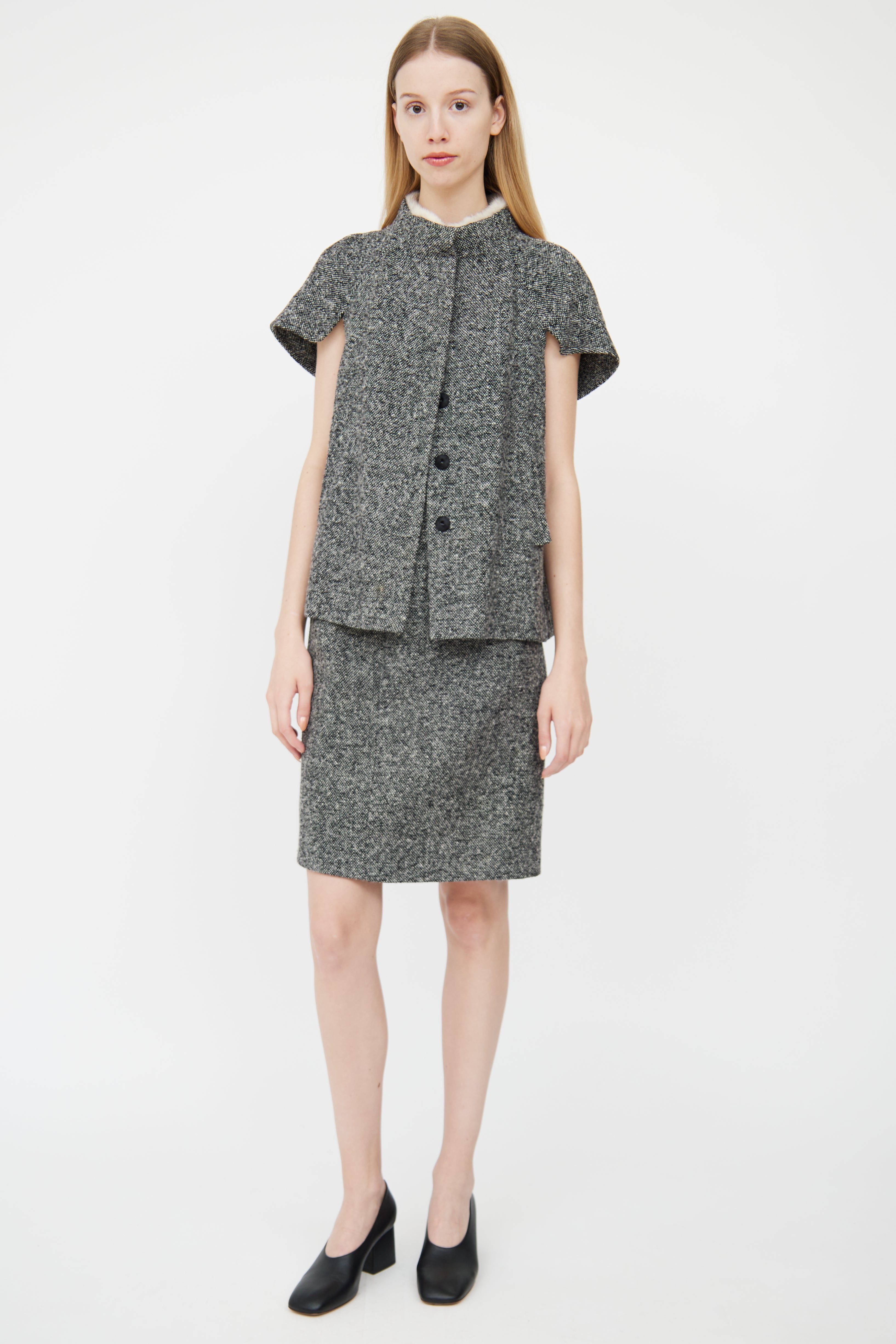 Prada Grey Melange Tweed Jacket & Skirt Set