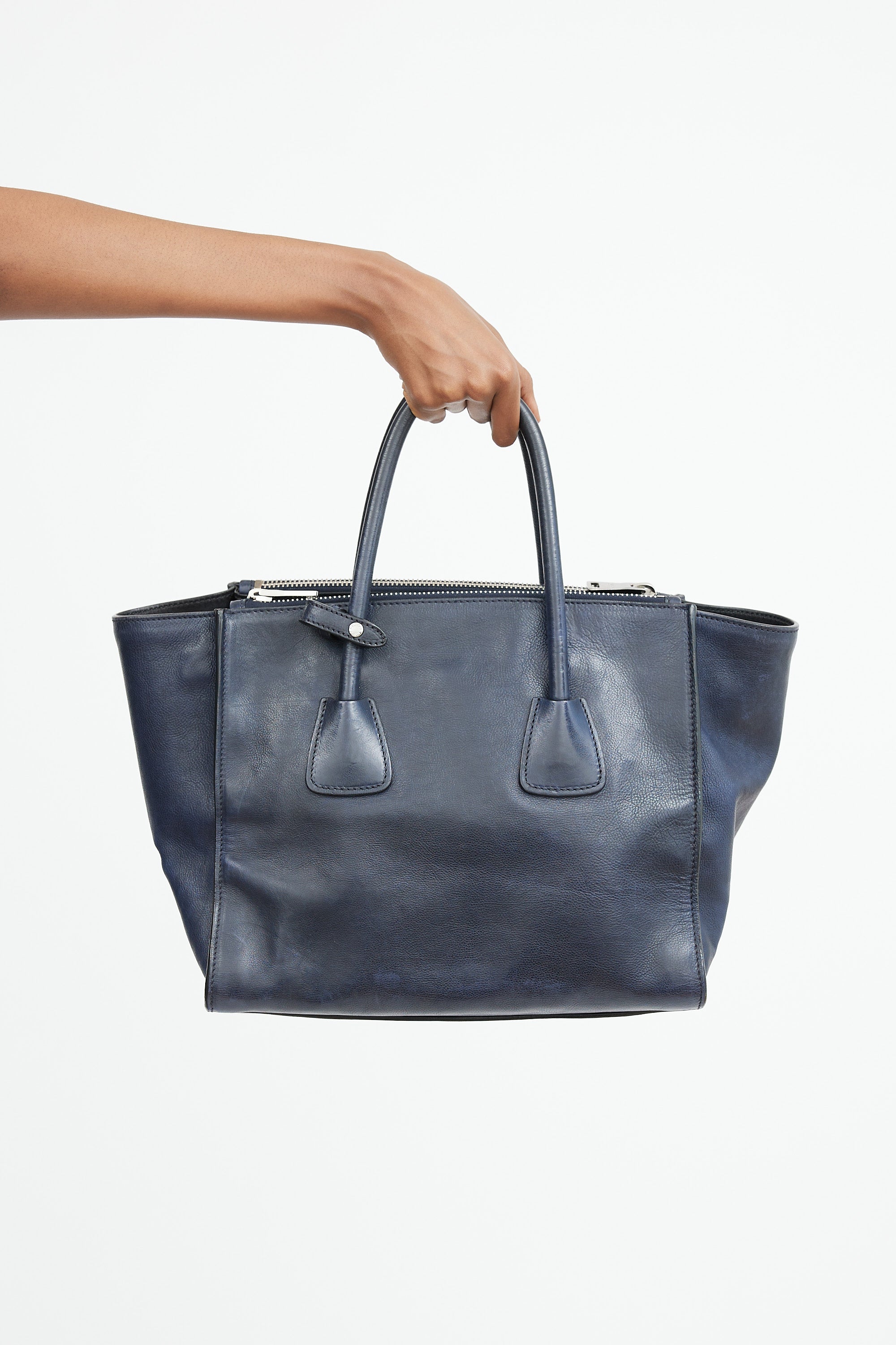 Navy Leather Twin Pocket Shoulder Bag