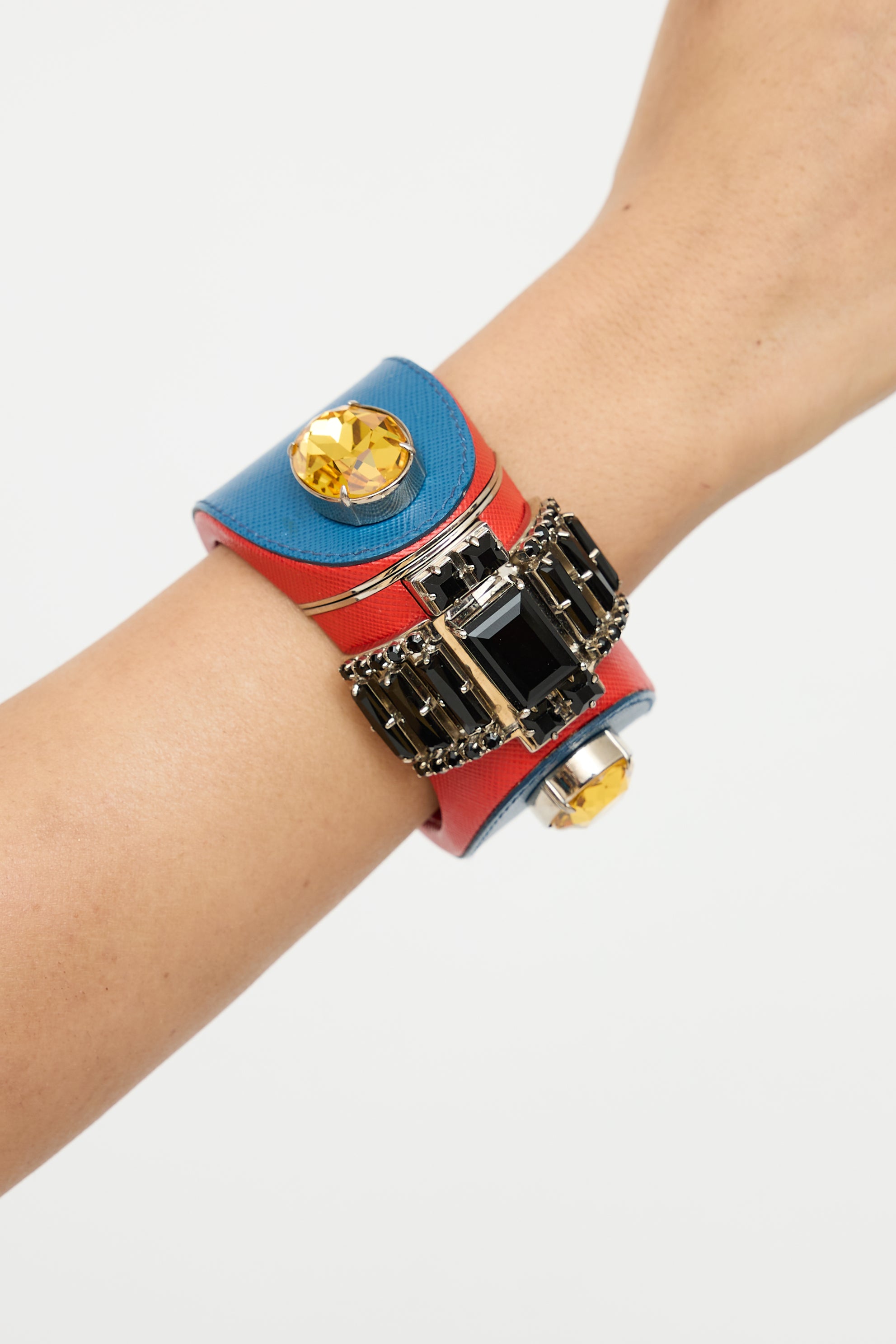 Prada Blue & Red Embellished Saffiano Cuff
