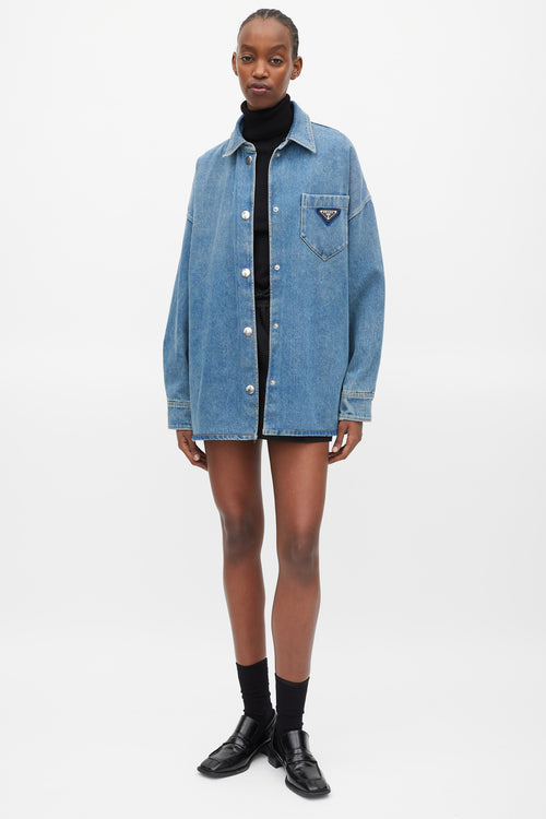 Prada Blue & Silver Denim Oversized Distressed Logo Shirt