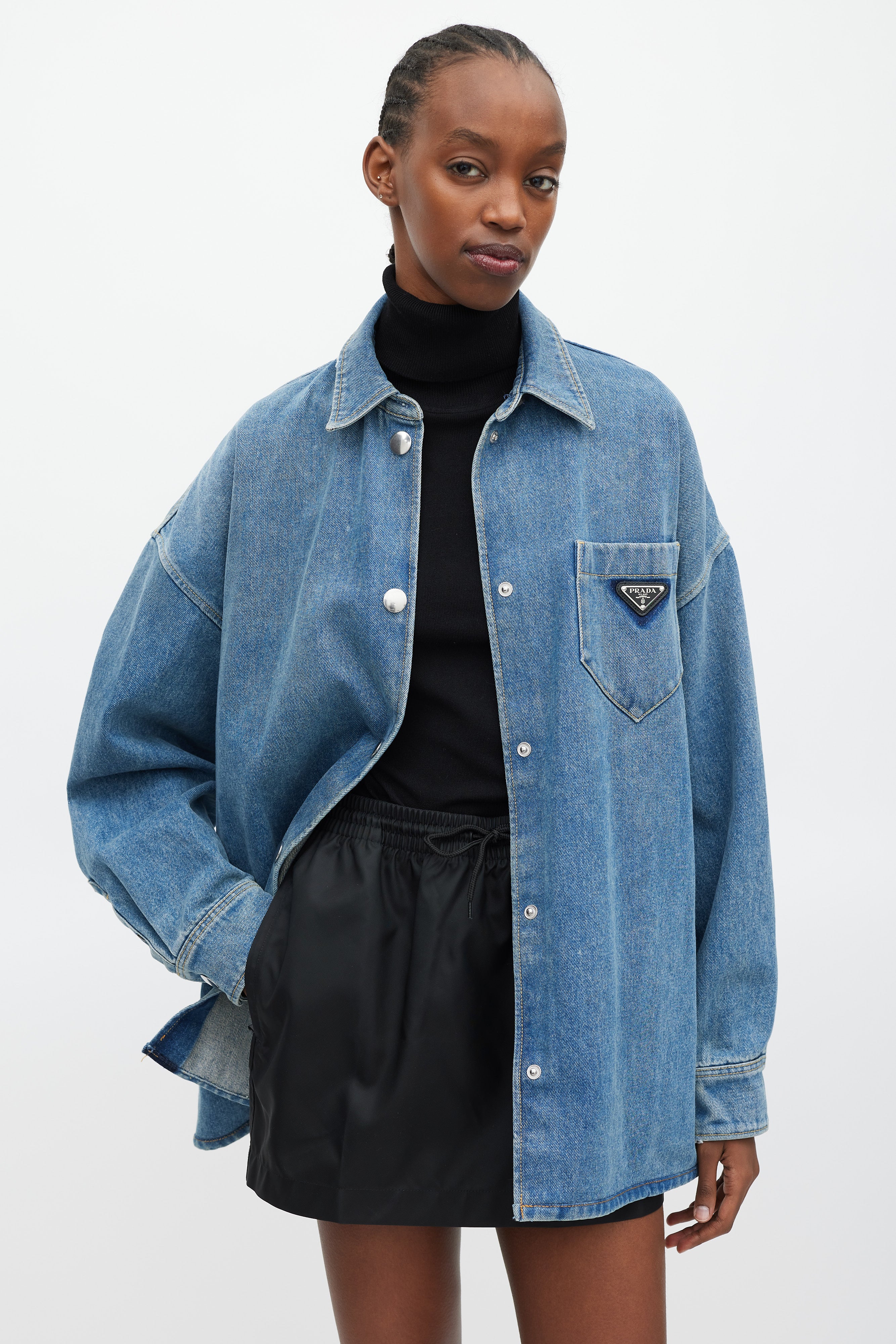 Prada Blue & Silver Denim Oversized Distressed Logo Shirt