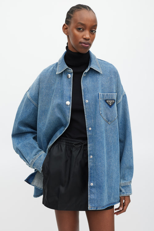 Prada Blue & Silver Denim Oversized Distressed Logo Shirt