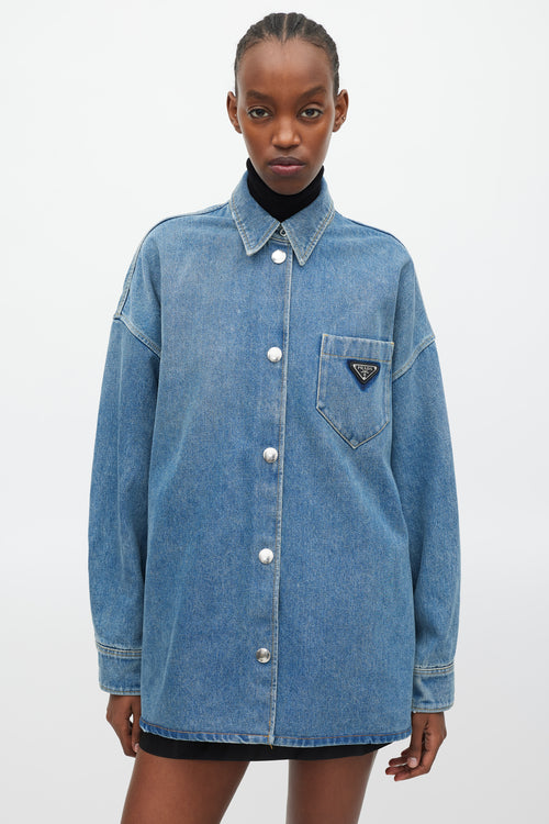 Prada Blue & Silver Denim Oversized Distressed Logo Shirt