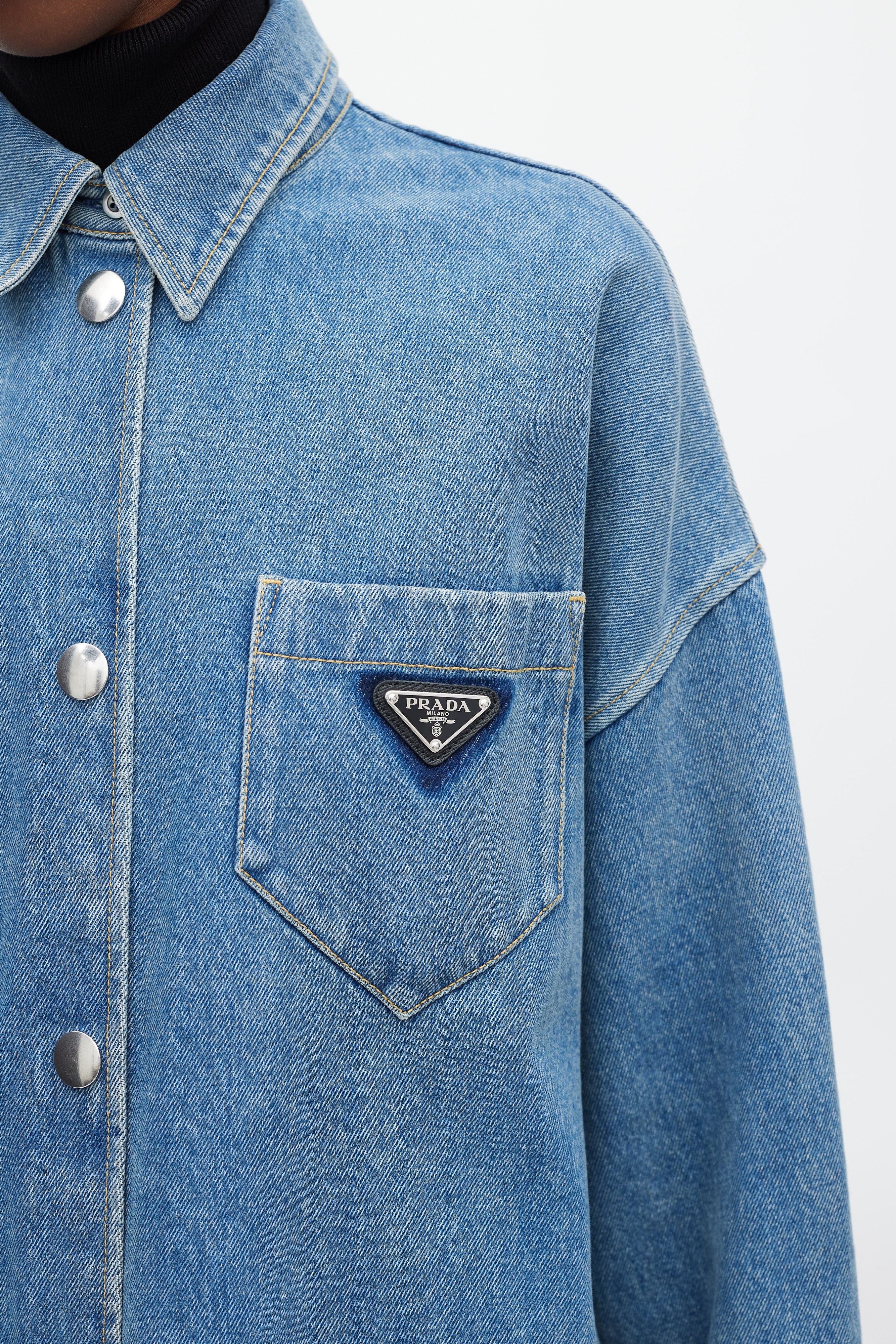 Prada Blue & Silver Denim Oversized Distressed Logo Shirt