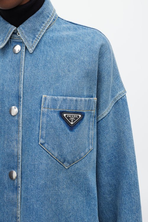 Prada Blue & Silver Denim Oversized Distressed Logo Shirt