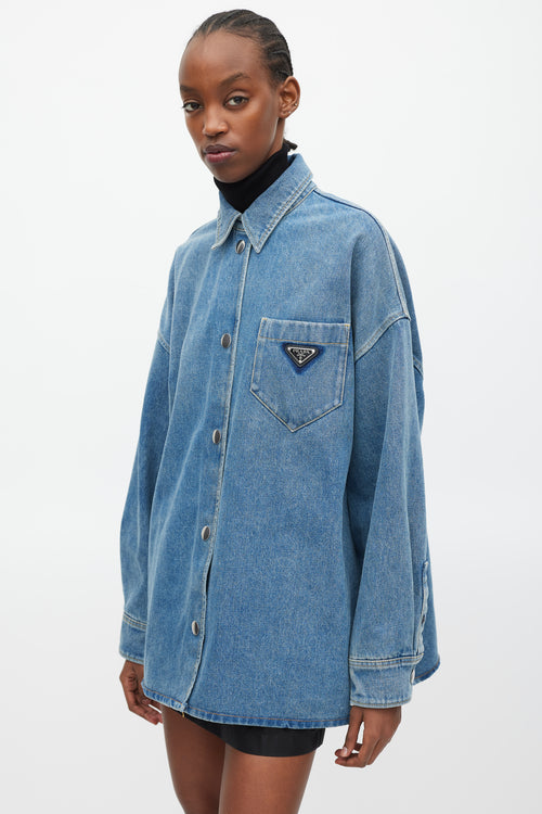 Prada Blue & Silver Denim Oversized Distressed Logo Shirt