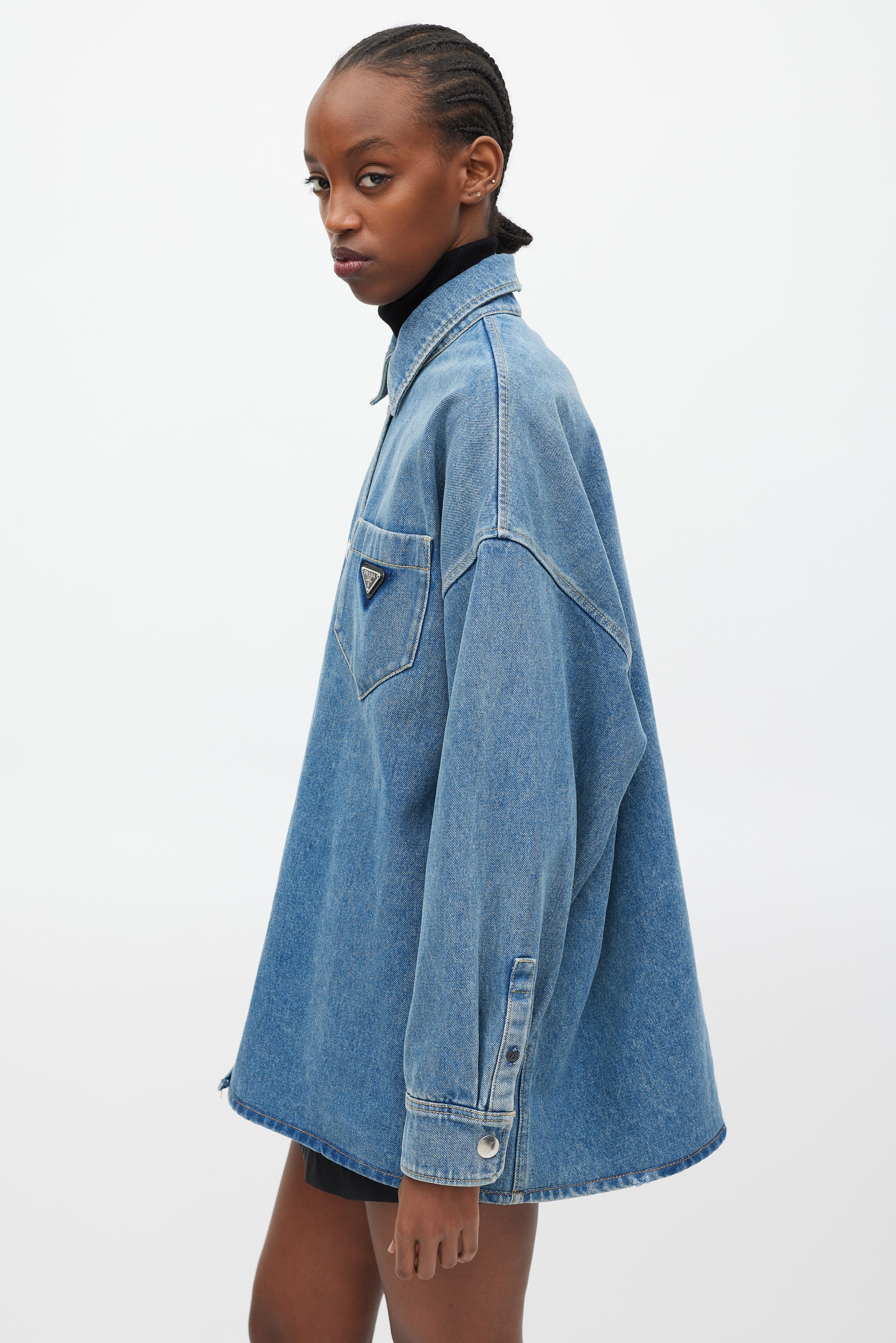 Prada Blue & Silver Denim Oversized Distressed Logo Shirt