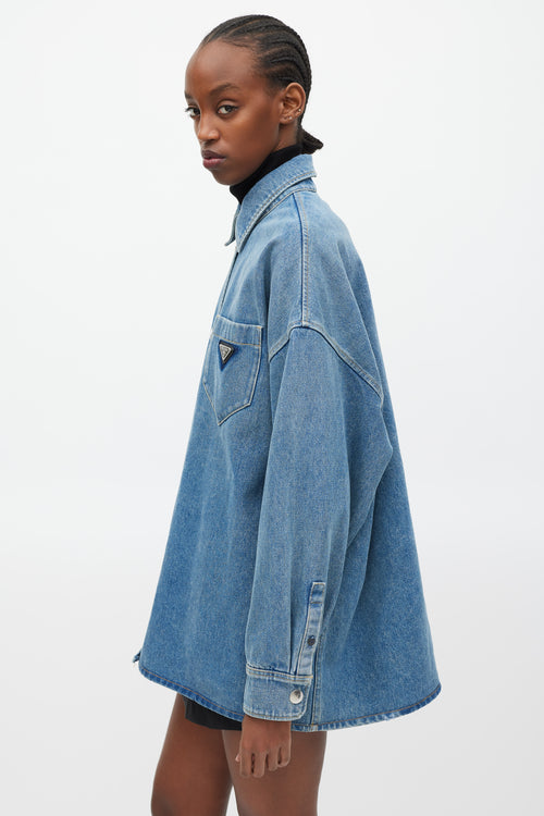 Prada Blue & Silver Denim Oversized Distressed Logo Shirt