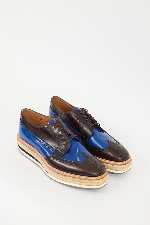 Prada Brown & Blue Leather Espadrille Platform Brogue