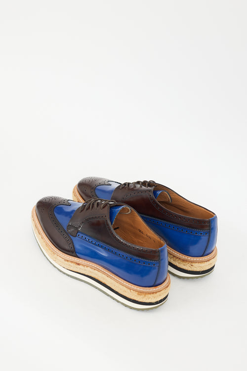 Prada Brown & Blue Leather Espadrille Platform Brogue