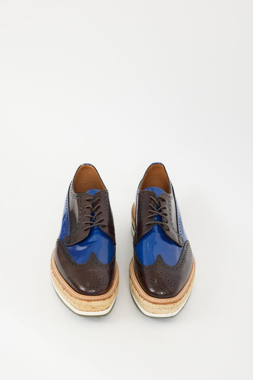 Prada Brown & Blue Leather Espadrille Platform Brogue
