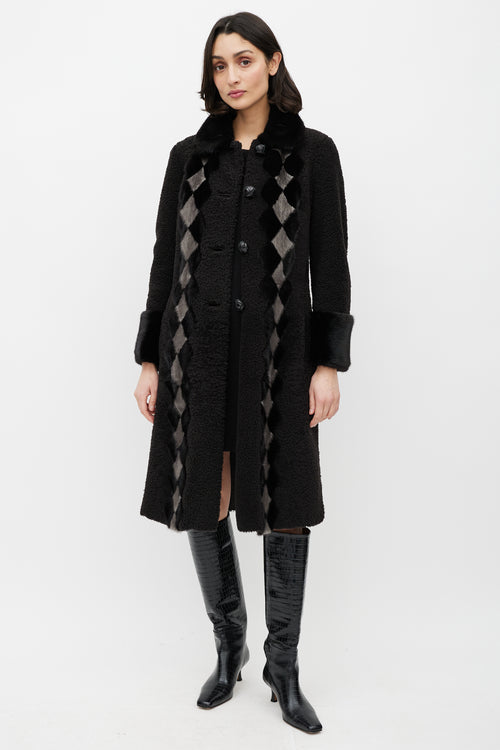 Prada Brown & Cream Shearling Fur Diamond Coat