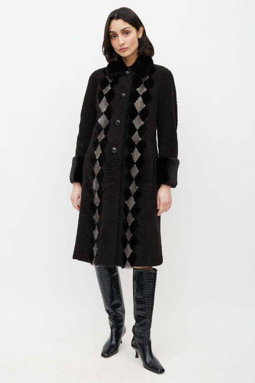 Prada Brown & Cream Shearling Fur Diamond Coat