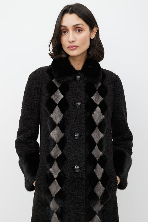 Prada Brown & Cream Shearling Fur Diamond Coat