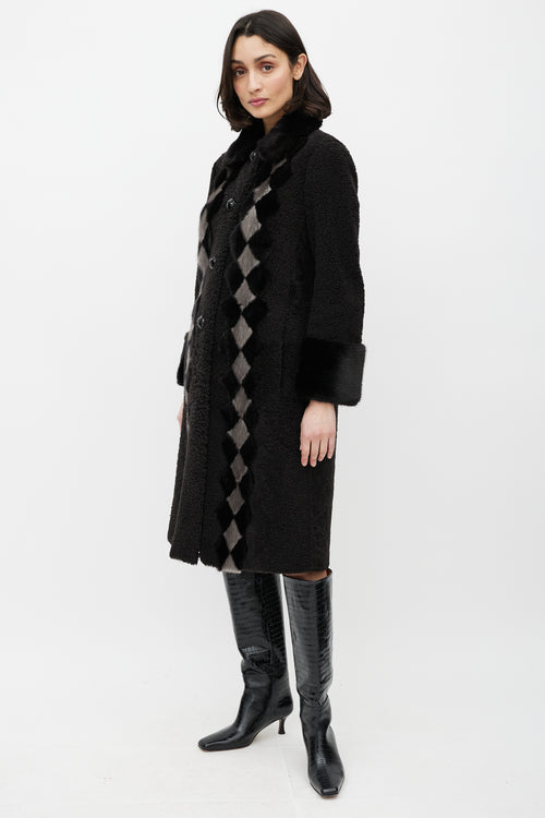 Prada Brown & Cream Shearling Fur Diamond Coat