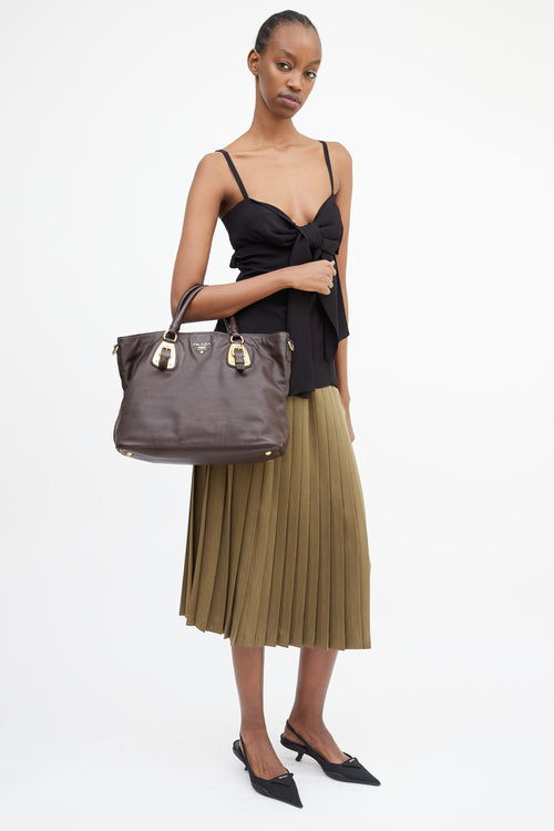 Prada Brown & Gold Leather Shopping Tote Bag