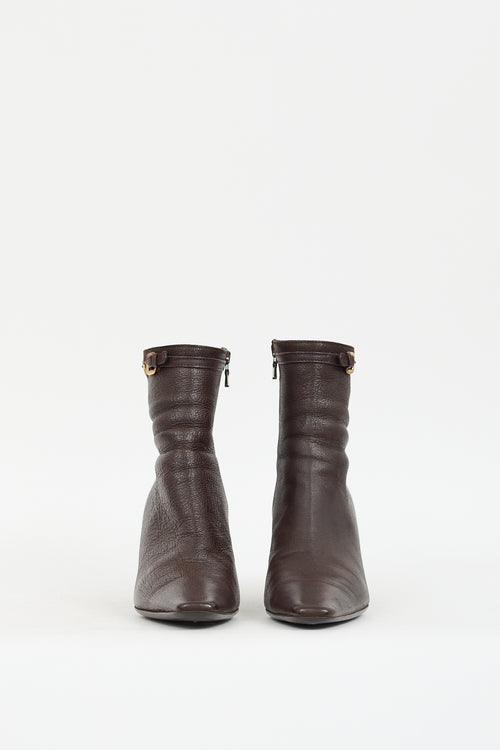 Prada Brown Leather & Gold Buckle Boot
