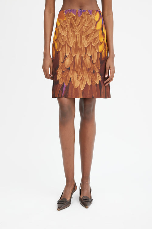 Brown Orange & Purple Silk Printed Midi Skirt