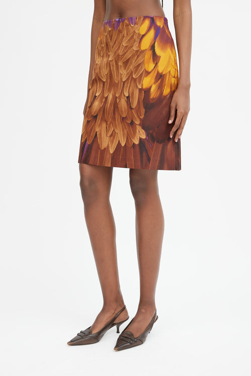 Brown Orange & Purple Silk Printed Midi Skirt