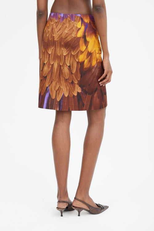 Brown Orange & Purple Silk Printed Midi Skirt