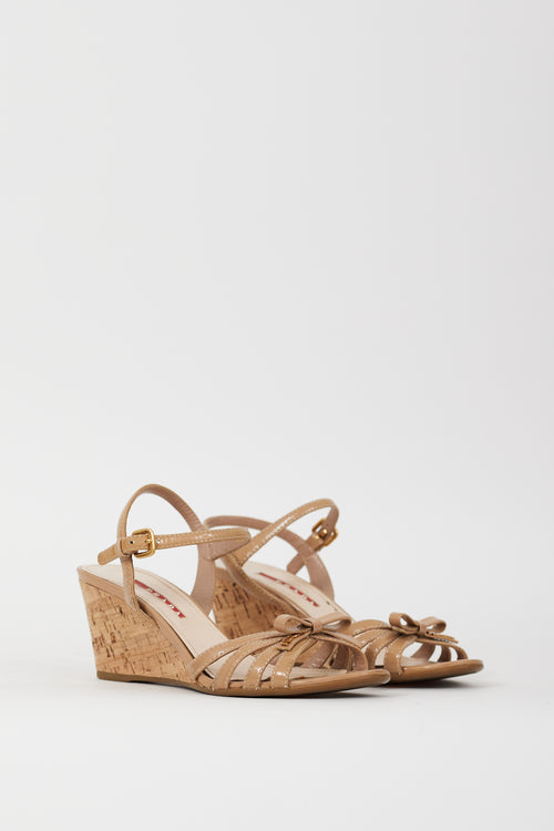 Prada Sport Beige Patent Leather & Cork Wedge Sandal