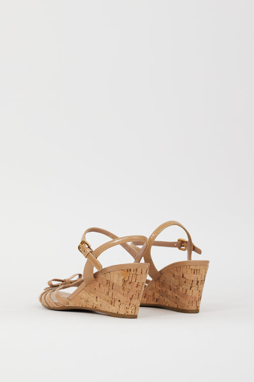 Prada Sport Beige Patent Leather & Cork Wedge Sandal