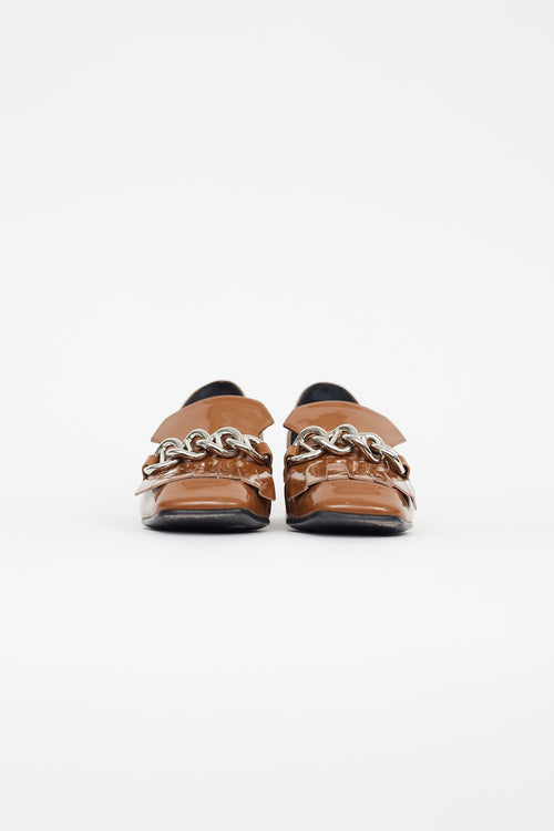 Prada Brown Patent Leather Silver Kiltie Chain Loafer