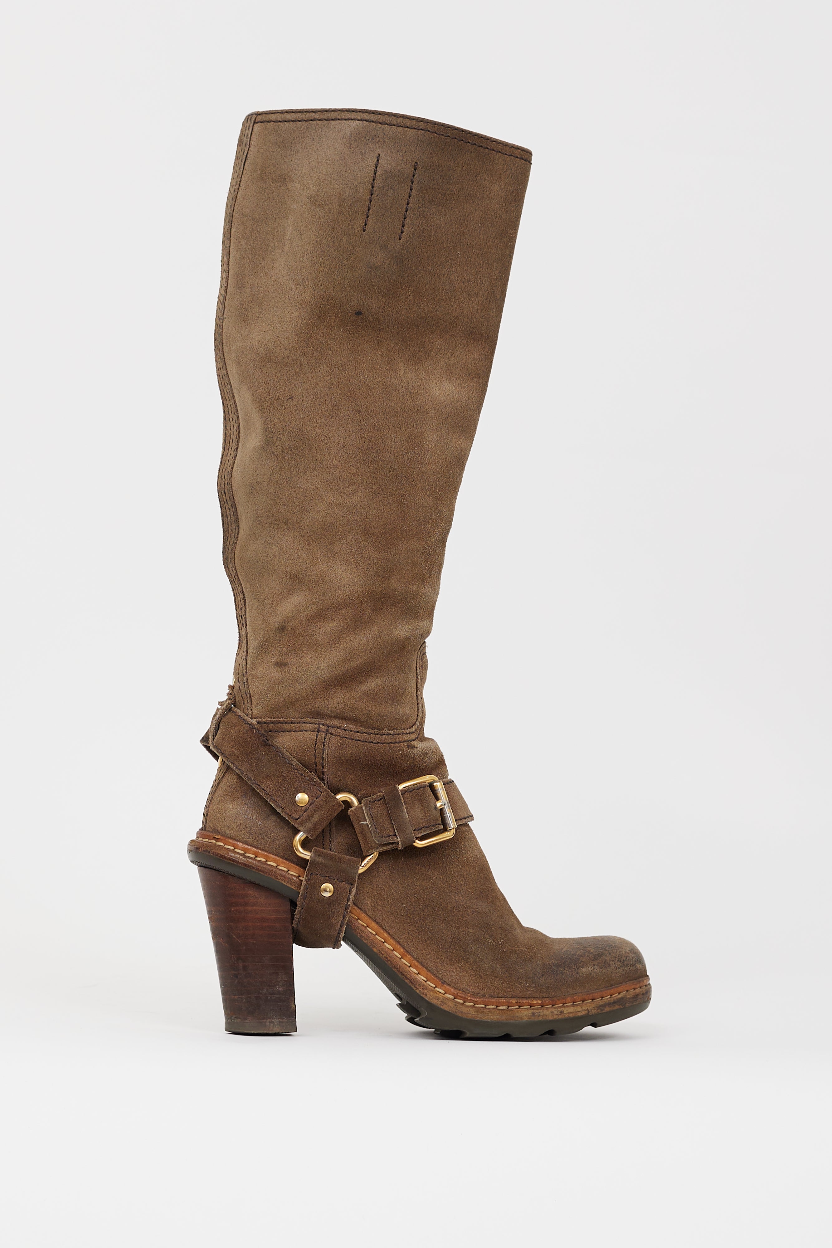 Prada Brown Suede Knee High Harness Boot