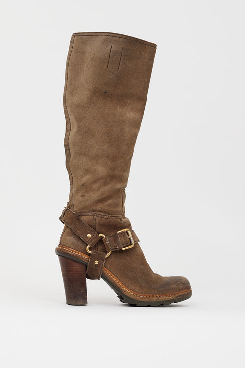 Prada Brown Suede Knee High Harness Boot