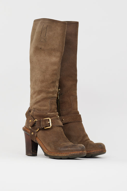 Prada Brown Suede Knee High Harness Boot