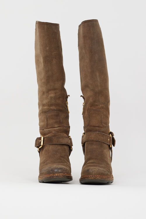 Prada Brown Suede Knee High Harness Boot