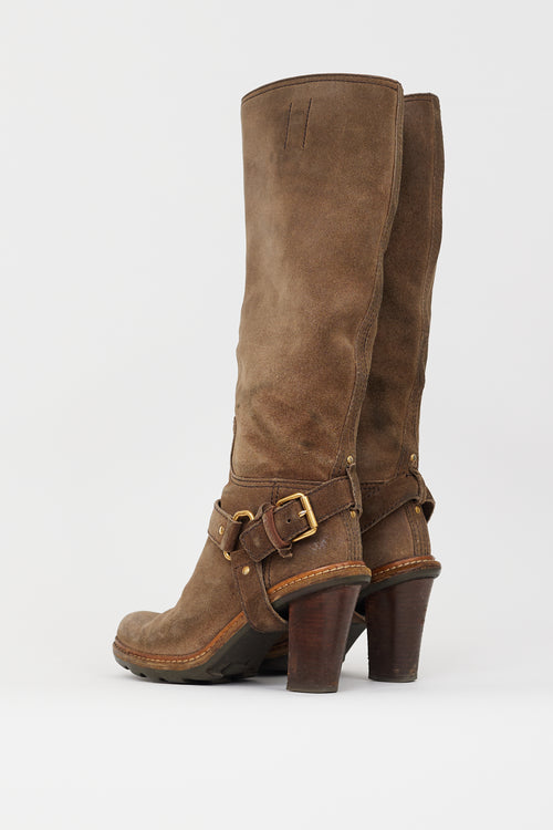 Prada Brown Suede Knee High Harness Boot
