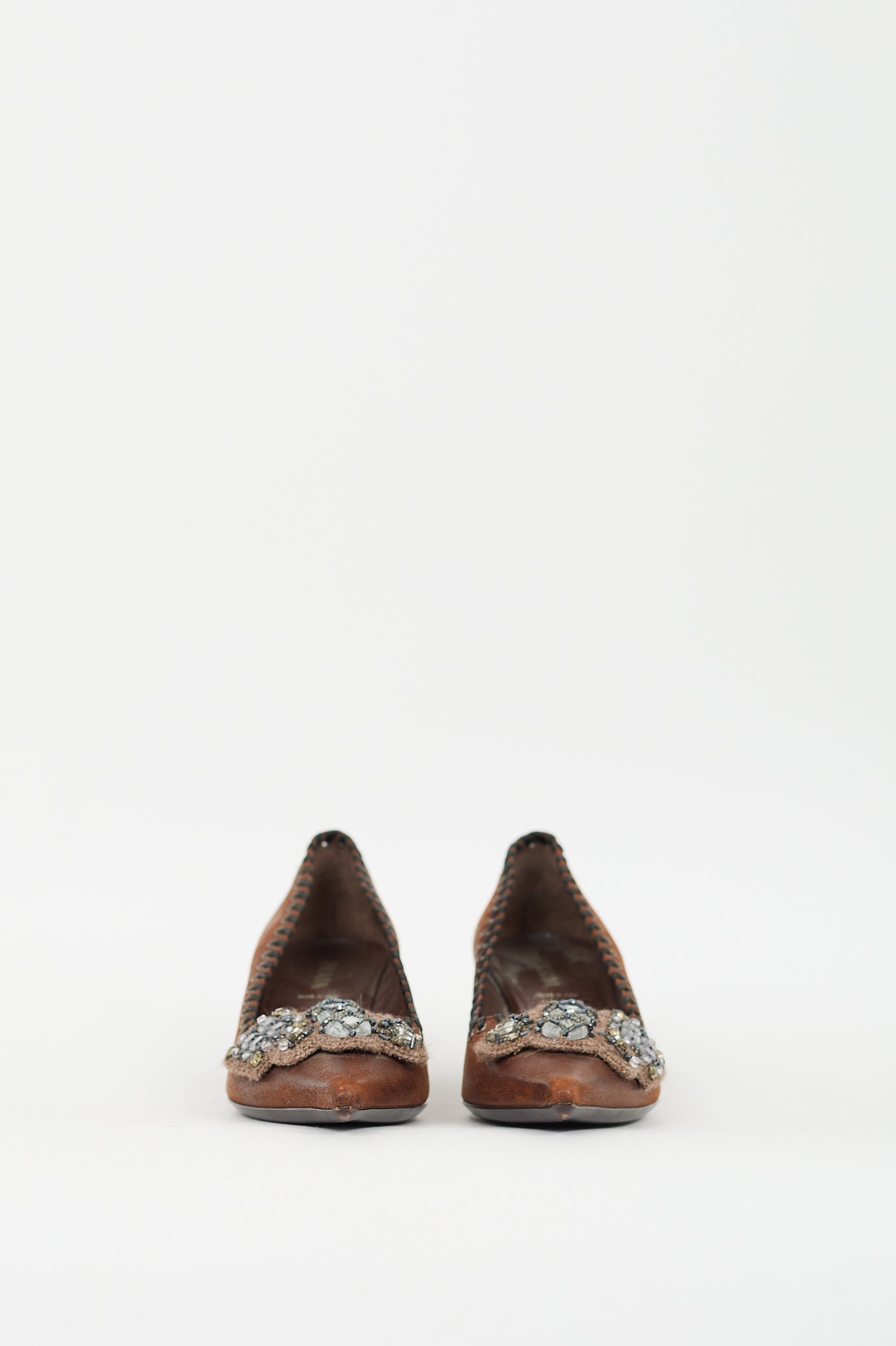 Prada Brown Leather & Beaded Knit Appliqué Pump