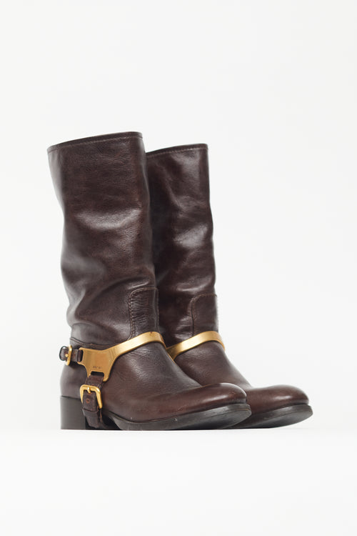 Prada Brown & Gold Leather Harness Boot