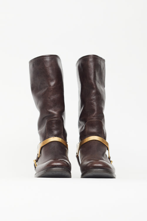 Prada Brown & Gold Leather Harness Boot