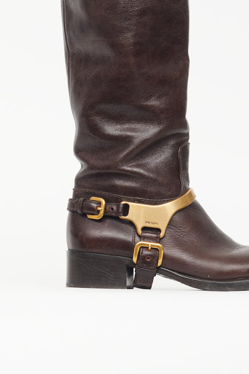 Prada Brown & Gold Leather Harness Boot