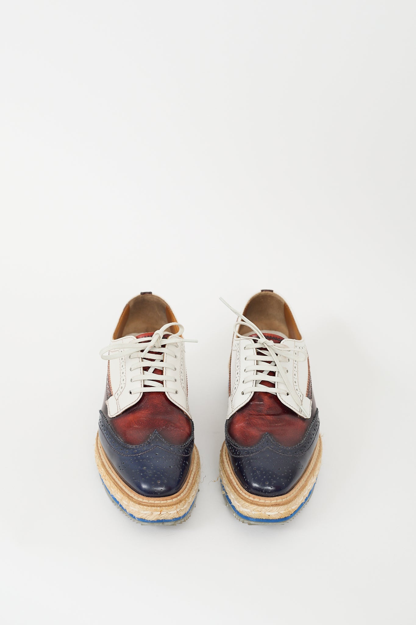 Prada White & Multi Leather Espadrille Platform Brogue