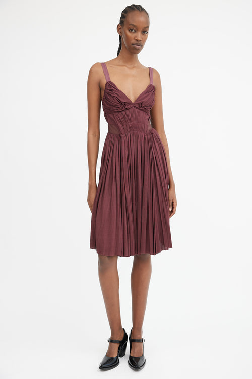 Burgundy Gathered & Pleated Midi Dress