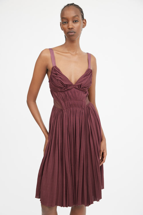 Burgundy Gathered & Pleated Midi Dress