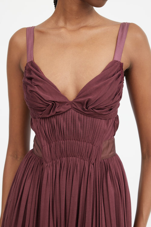 Burgundy Gathered & Pleated Midi Dress